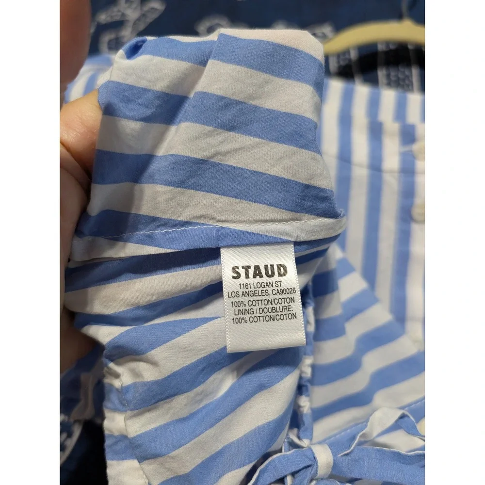Staud Ellington Cotton Striped Puff Sleeve Cropped Top Blue Women's Size S